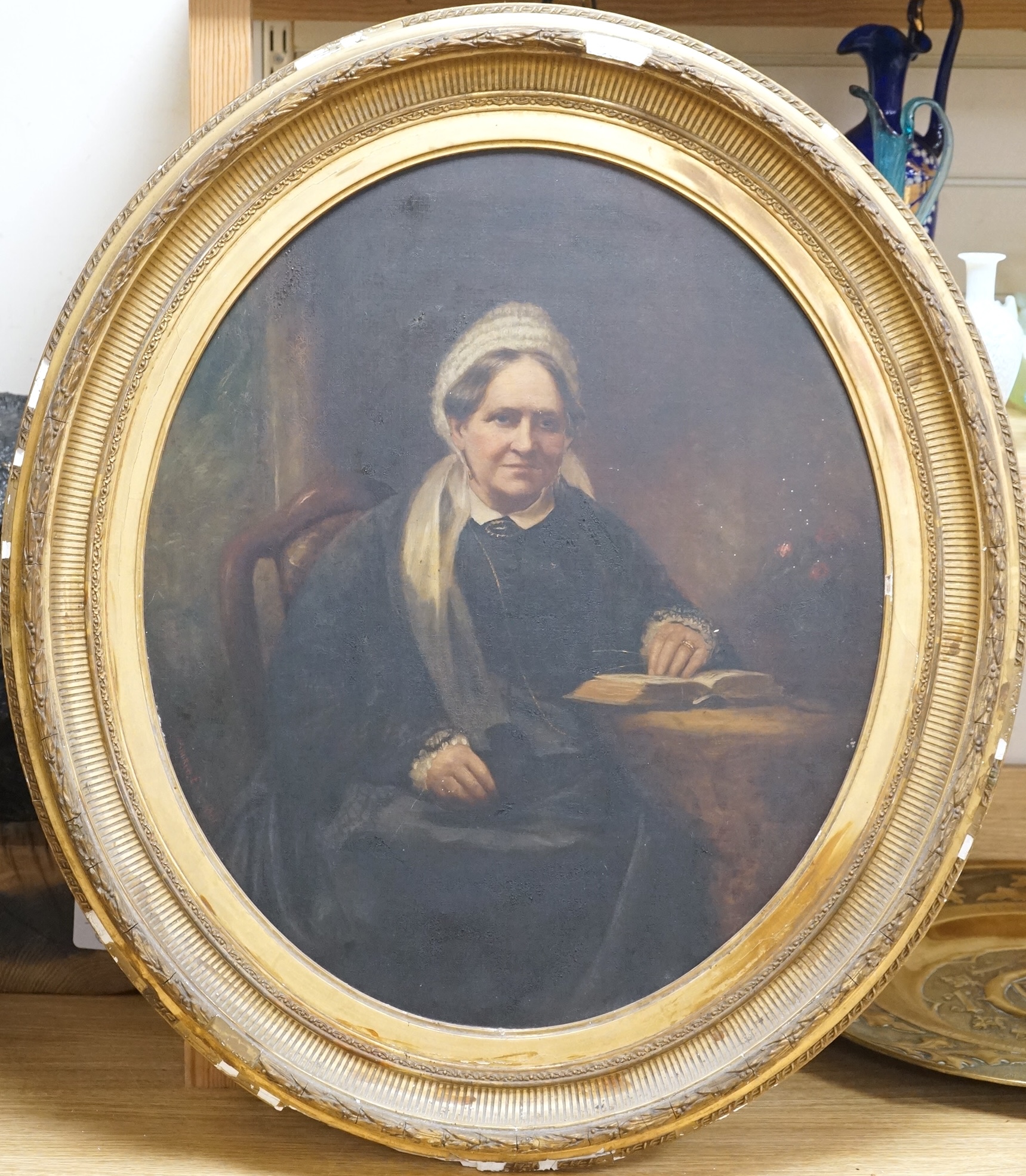 19th century, British School, Portrait of Mrs Burgh, signed and dated 1881, oval oil on canvas, gilt frame, 57 x 50cm
